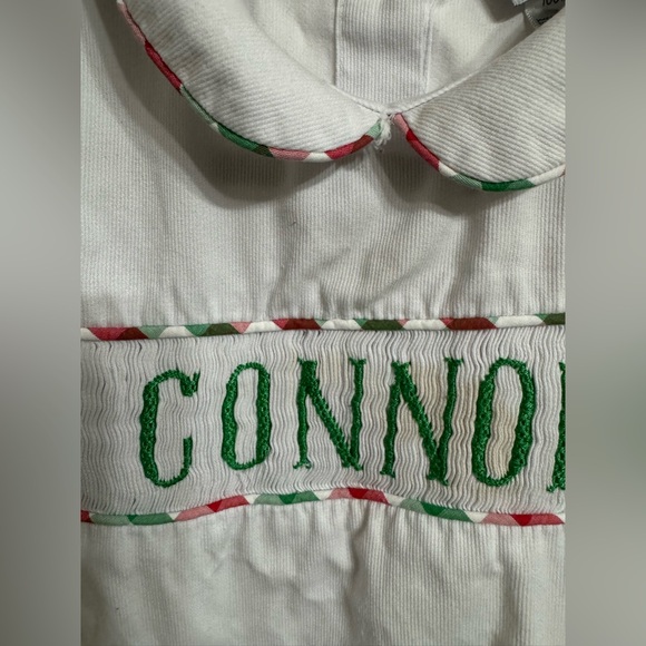 Smocked Round Collar Green & Red Gingham Shortall with Connor Monogram - Picture 2 of 8